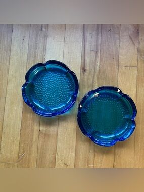 Set of 2 Vintage Textured Blue Glass Dishes